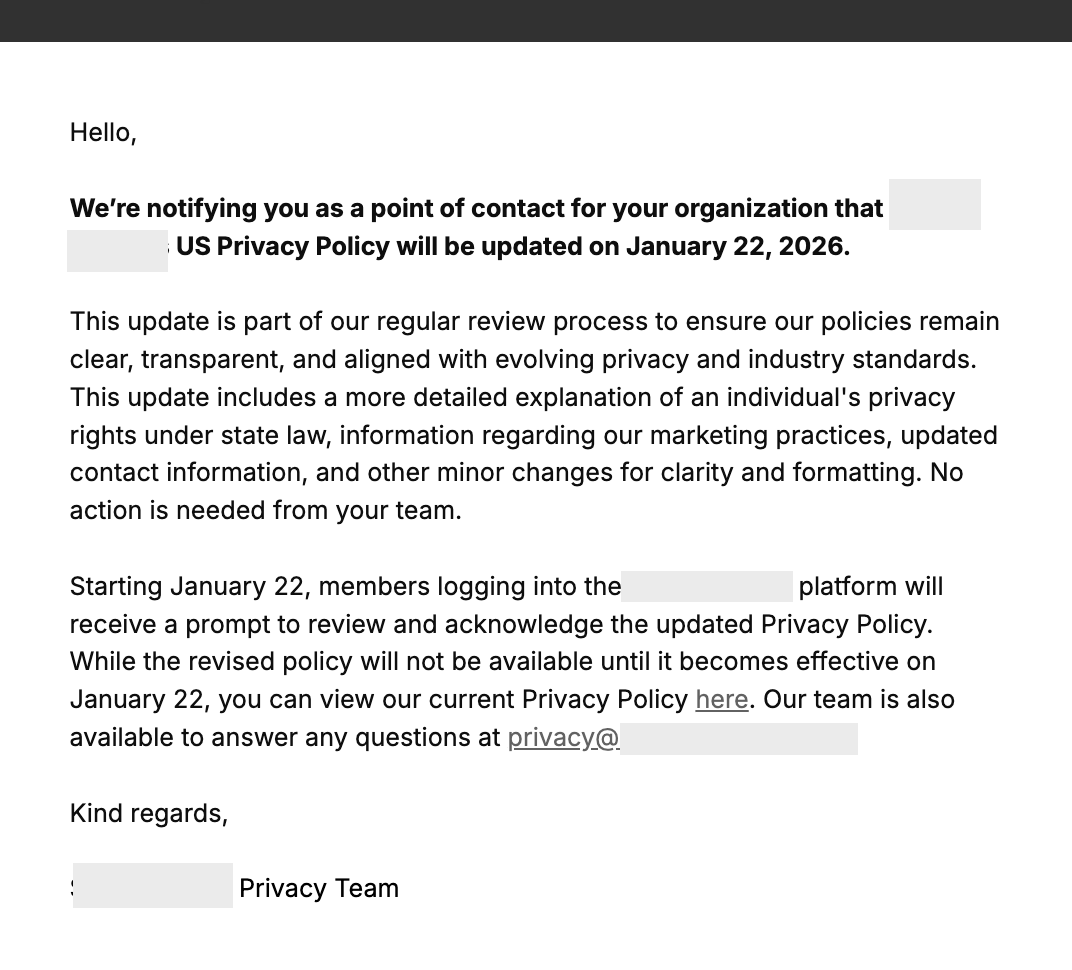 Email notification about a privacy policy update, including details about the review process and contact information.