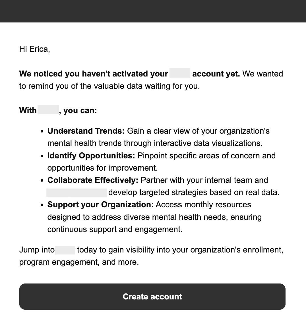 Lifecycle nudge with a call-to-action button labeled 'Create account'.