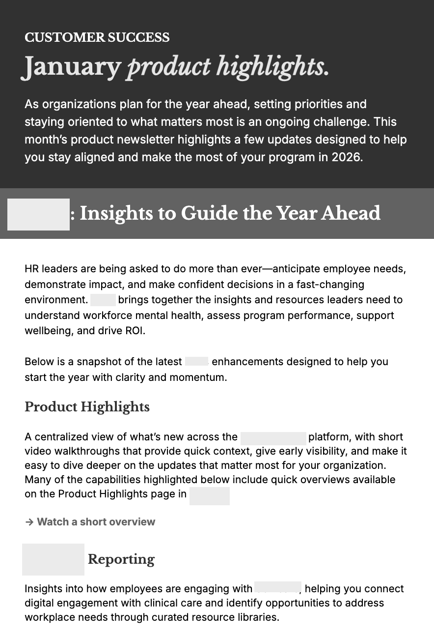 Newsletter snippet titled "January product highlights" discussing organizational planning for 2026, workforce mental health insights, product updates, and employee engagement reporting.