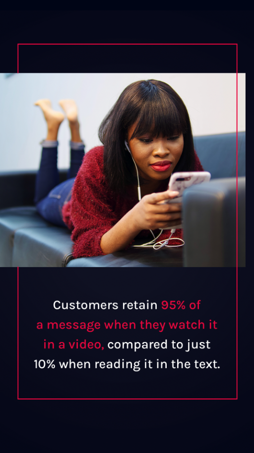 A woman lying on a couch, wearing a red sweater, listening to music with earphones and looking at her phone. Below her, a message states that customers retain 95% of a message when watching a video, compared to 10% when reading in text.