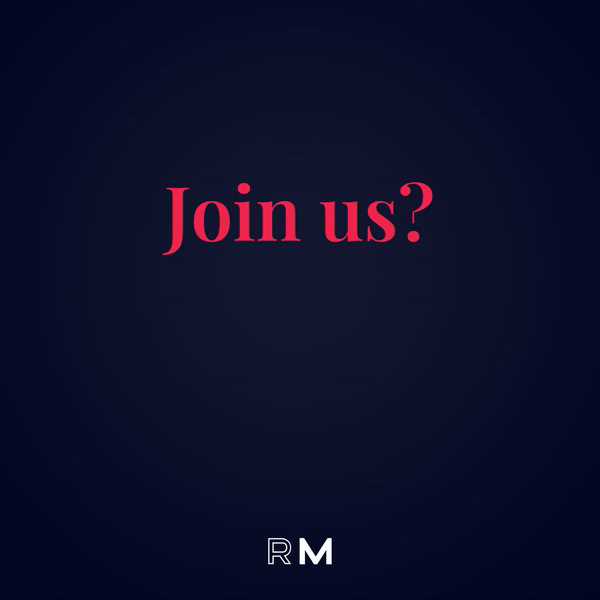 A dark background with the text "Join us?" in pink at the center and the letters "RM" in white at the bottom.