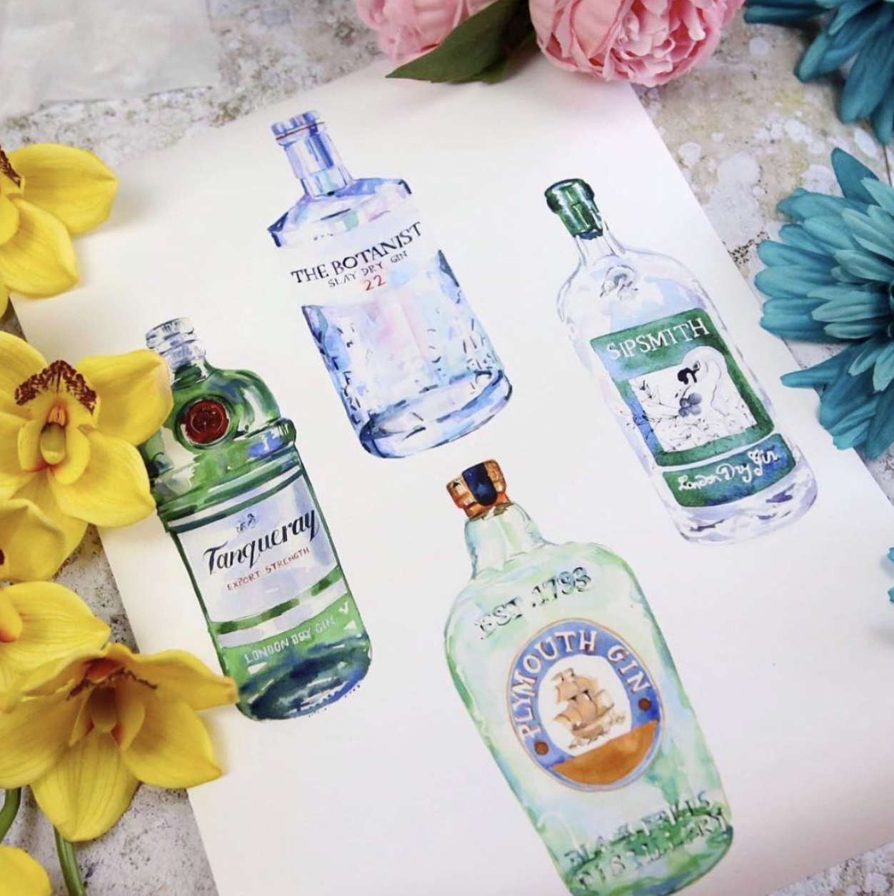 Colorful watercolor illustrations of four different gin bottles on a white sheet, surrounded by yellow, pink, and blue flowers.