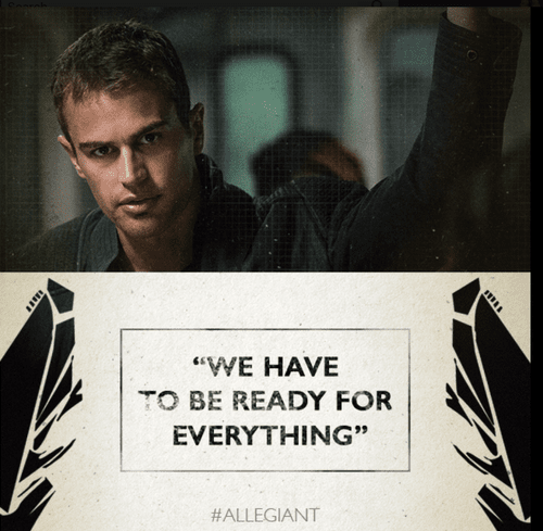A young man with short dark hair and a serious expression is holding a sign that reads "We have to be ready for everything." The sign features black decorative elements on the sides and the hashtag "#Allegiant" at the bottom.
