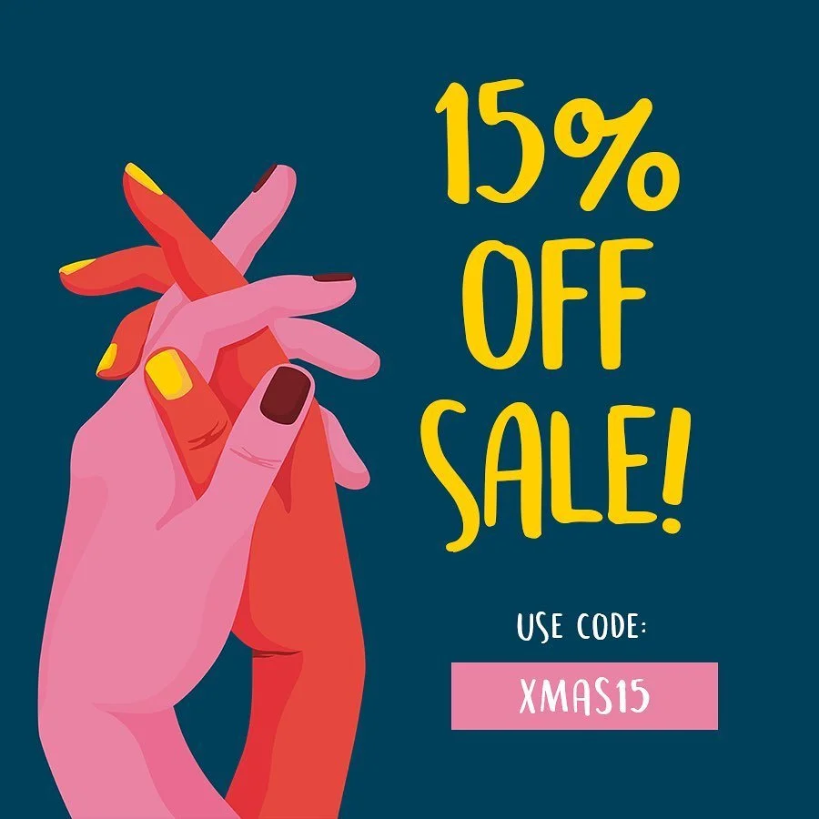 Illustration of two hands with different skin tones, painted nails, and clasped together, next to promotional text indicating 15% off sale with the code 'XMAS15'.