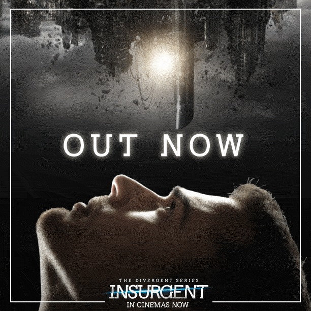 Promotional poster for the movie 'Insurgent' featuring a woman's face lying sideways at the bottom with the phrase 'OUT NOW' above, and a dark, ominous background with trees and a bright light in the center.