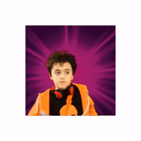 A young boy with dark hair, wearing an orange jacket and headphones, looking to the side with a neutral expression, against a purple background with pink radial light effects.