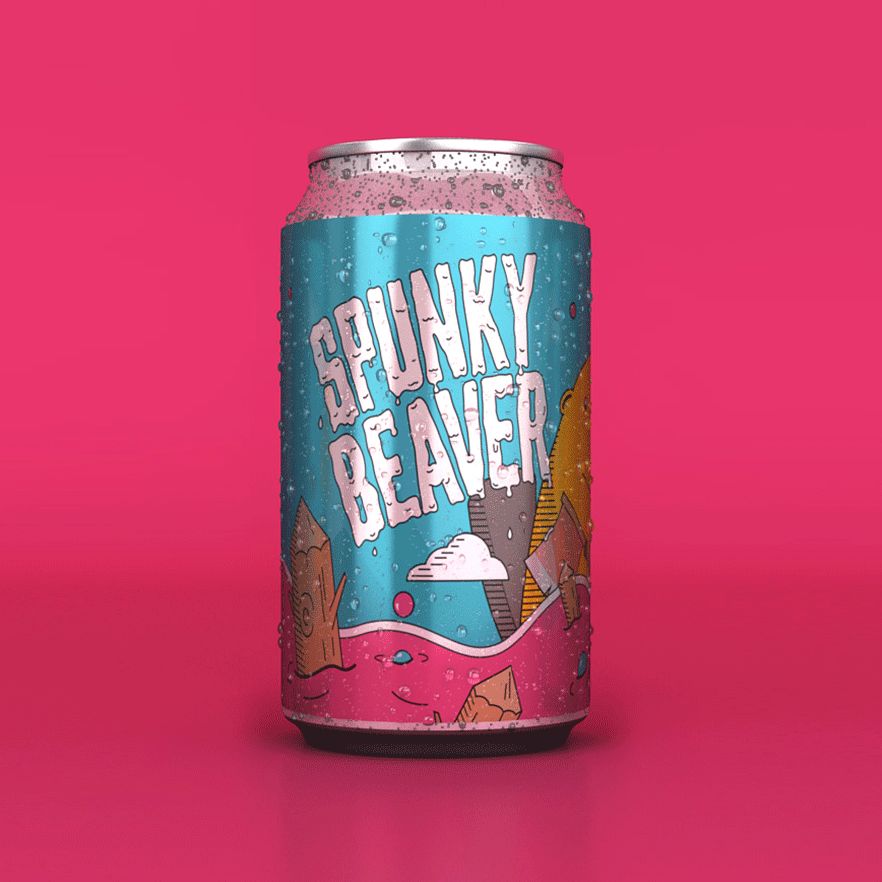 A colorful soda can with the flavor "Spunky Beach" against a pink background, featuring artwork of a beach scene with rocks, water, and sand.