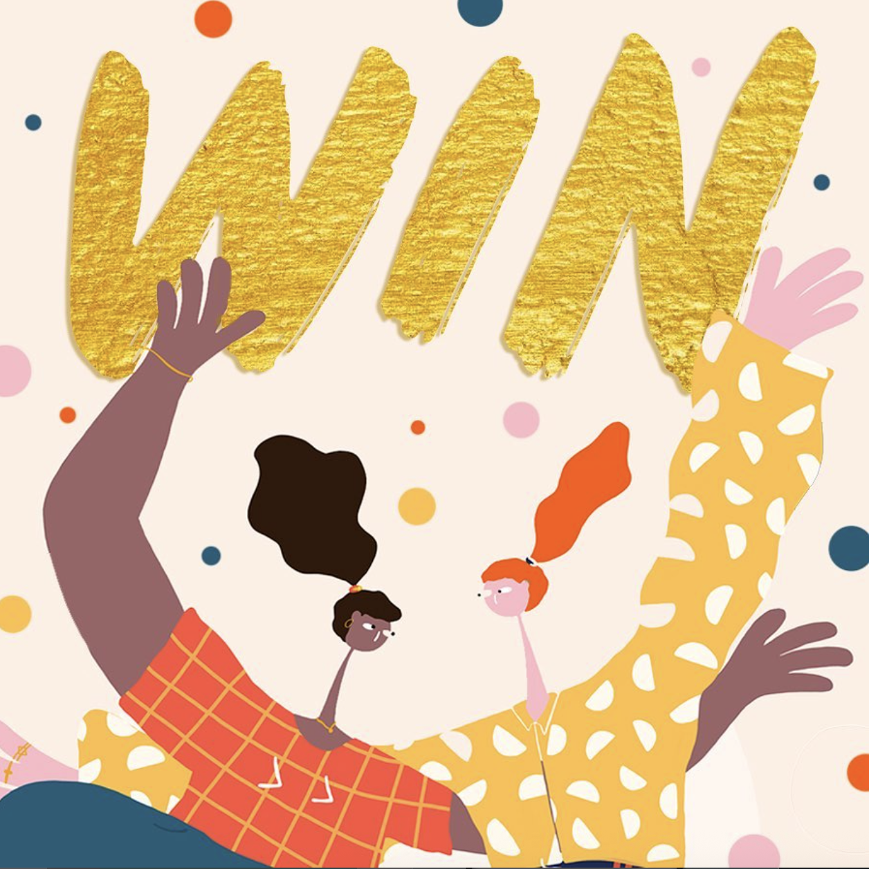 Illustration celebrating women with two women holding up large, gold, textured letters that spell 'WIN' against a beige background with colorful dots.