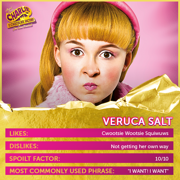 A young girl with blonde hair, wearing a pink headband and pink fuzzy clothing, making a pouting face against a pink background. There is a chart describing her preferences and dislikes, including her love for 'Cwootsie Wootsie Squiwuws' and dislike of not getting her way.