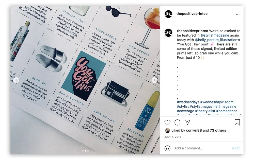 A magazine page with various product images and descriptions, including a bottle, sunglasses, a cocktail glass, a skincare product, and graphic designs. The Instagram post highlights a feature in Stylist magazine with limited edition prints available for purchase.