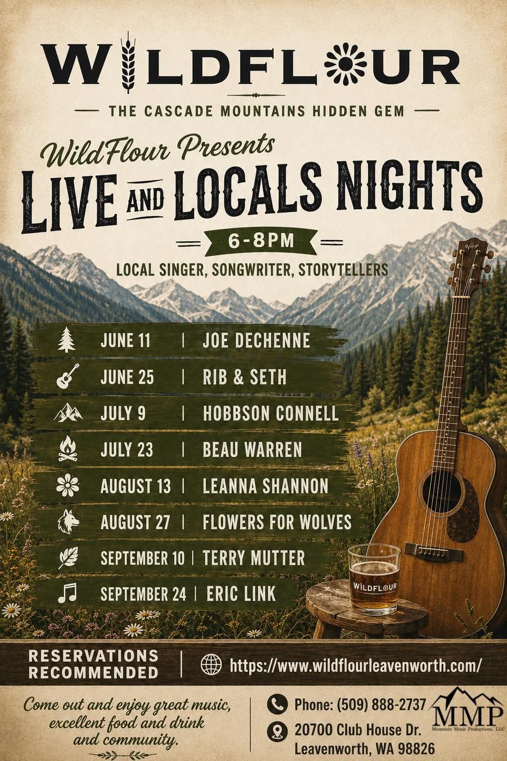 Flyer for WildFlour's live music and storytelling events, featuring mountain scenery, guitar, and a glass of beer, with event dates and performer names listed.