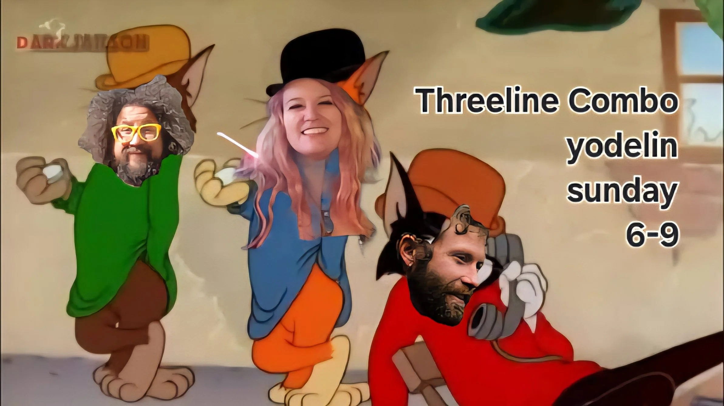 A promotional poster for a game called 'Threeline Combo yodelin sunday 6-9' featuring animated characters with photos of people's faces, dressed in colorful outfits with accessories like glasses, a hat, and a cowboy hat, in a cartoon-style background.