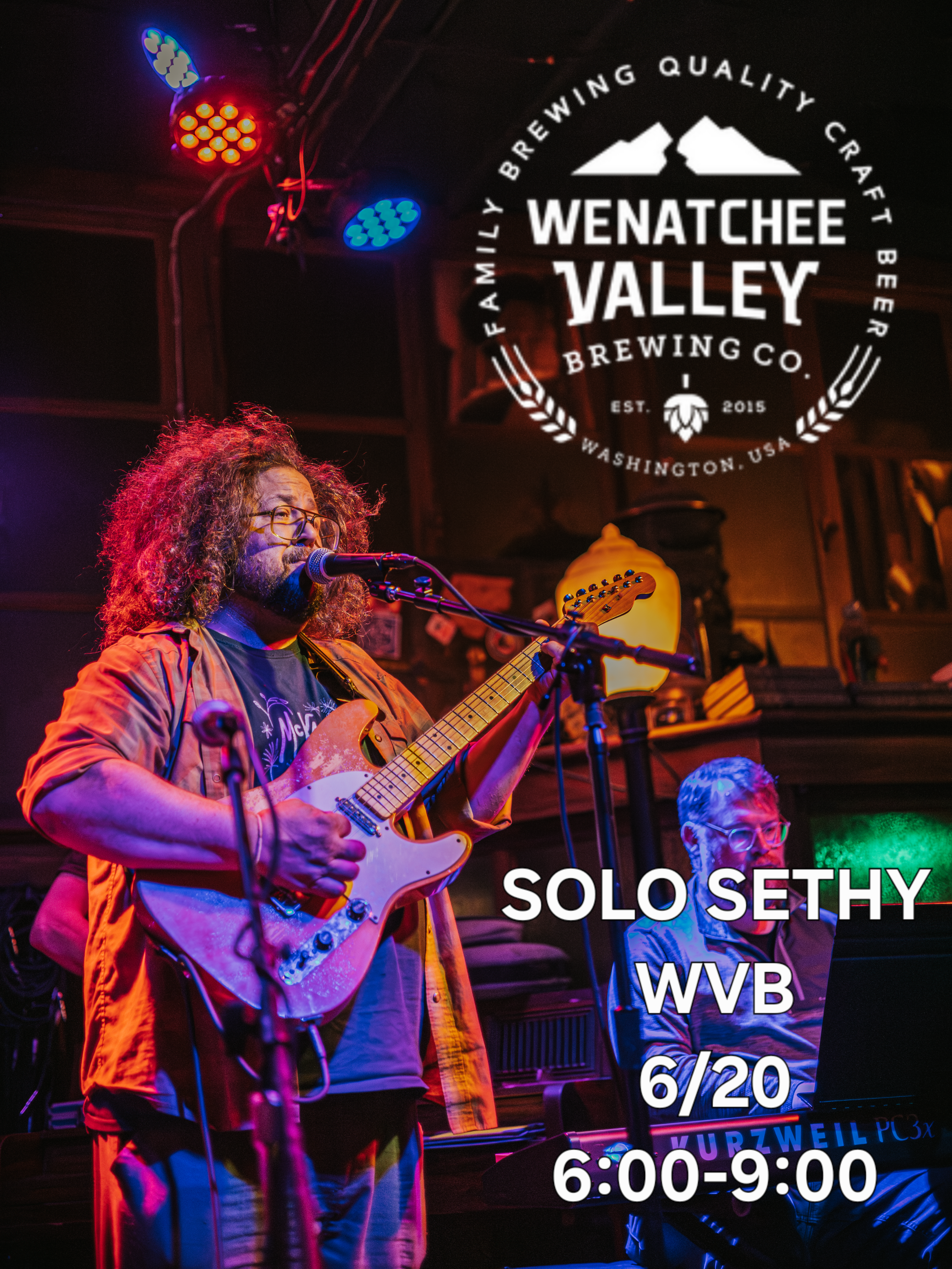 A band performing live in a dimly lit venue with colorful stage lighting.  here are other band members and musical equipment visible. The venue has a neon sign with the logo of Wenatchee Valley Brewing Co. and informational text about the event, including date and time, overlaid on the image.