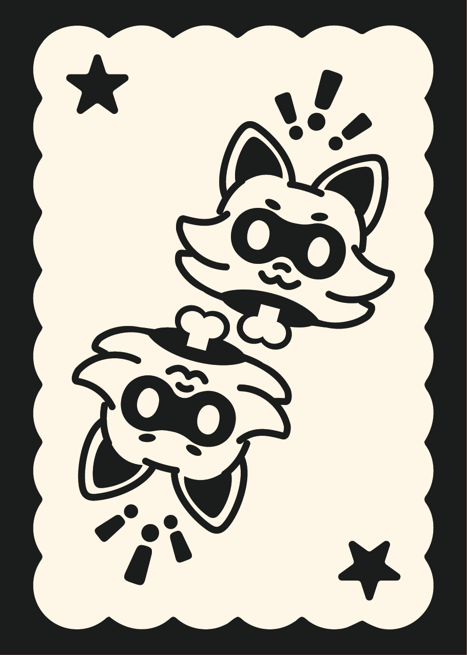 A cartoon-style black-and-white illustration of two cute animals with large eyes, stars, and comic-style explosion symbols.