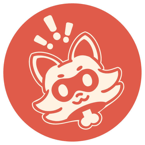 Excited cartoon dog with wide eyes, raised ears, and exclamation marks above its head, on a red circular background.