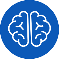 Icon of a brain in white on a blue circular background