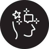 Line drawing of a woman's head with stars and a square around her forehead
