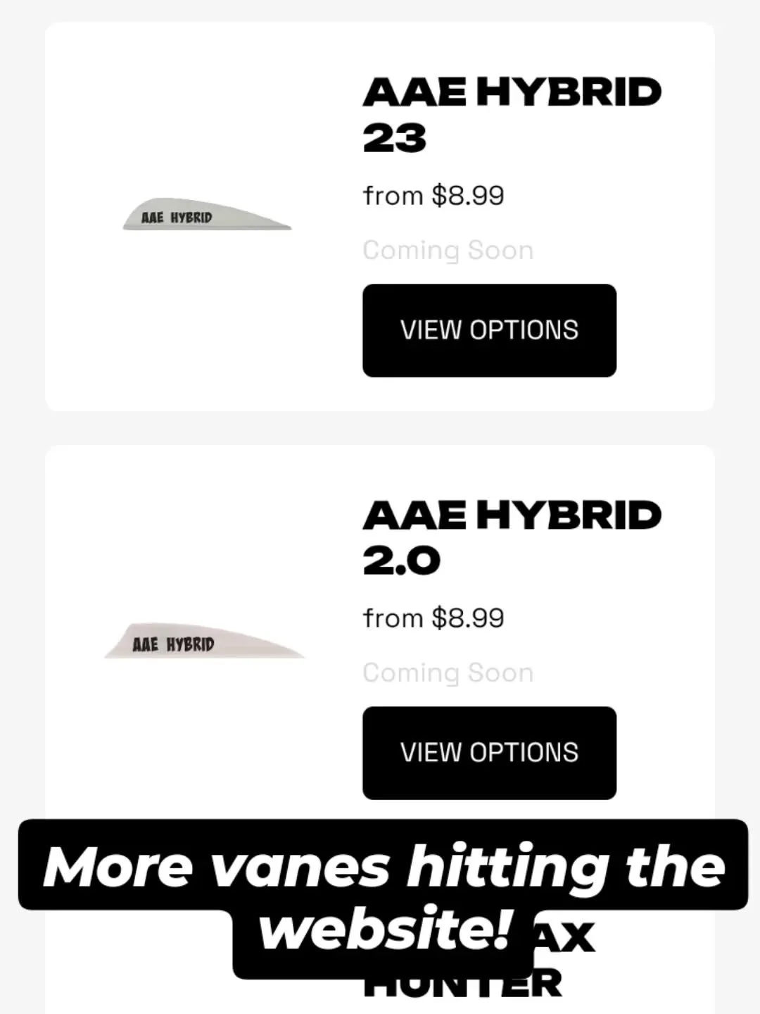 More is on the way.

We&rsquo;re loading up the site with new vanes and gear&mdash;Hybrid 2.0, Hybrid 23, Max Hunter, Airazr Talon 3.0 and more. Inventory is incoming and will be updated as shipments land.

If you&rsquo;ve got your eye on something, 