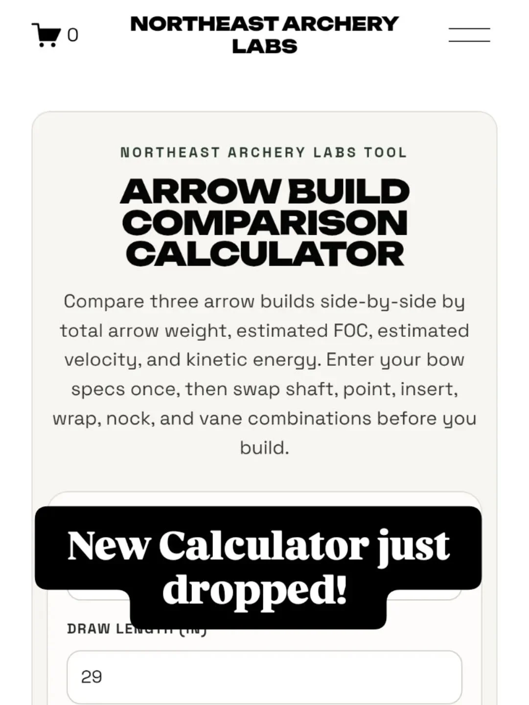New tool just dropped on the website.

The new Arrow Build Comparison Calculator lets you compare multiple arrow builds side-by-side before you ever cut a shaft or glue a vane. Dial in total arrow weight, estimated FOC, projected velocity, kinetic en