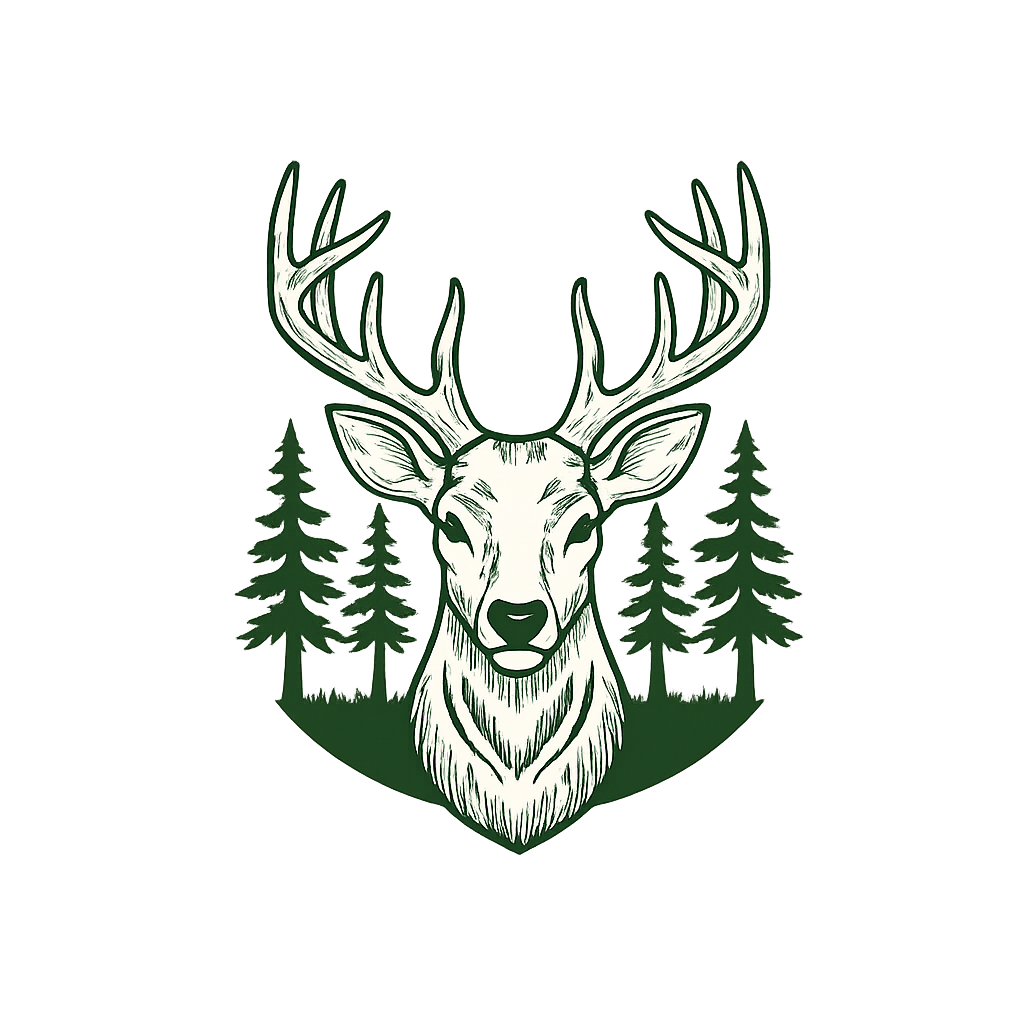 Illustration of a deer with large antlers, set against a background of pine trees and a forest scene, in a shield-shaped design.