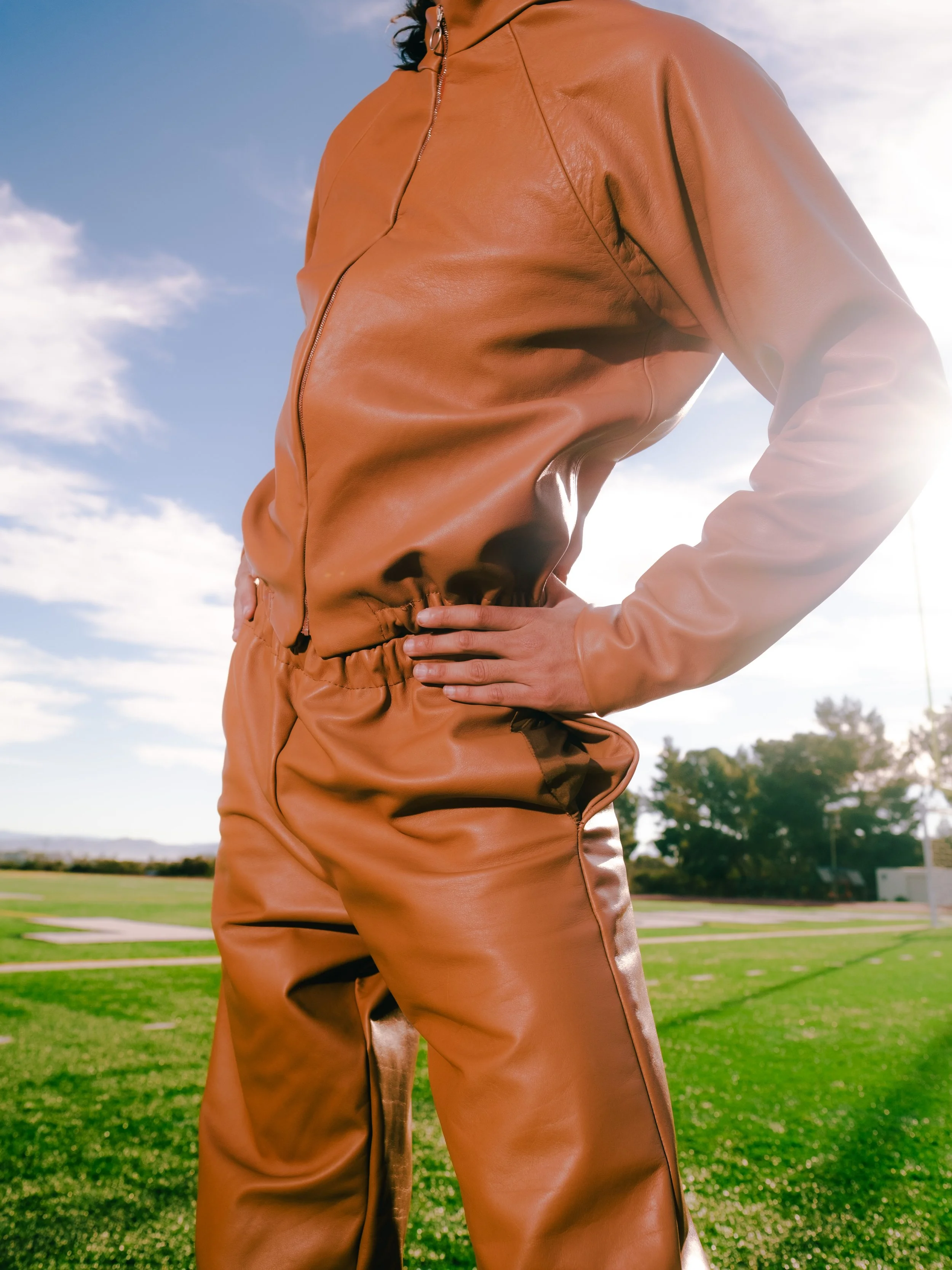 Person in a brown leather tracksuit standing outdoors on grass with hands on hips, against a partly cloudy sky.