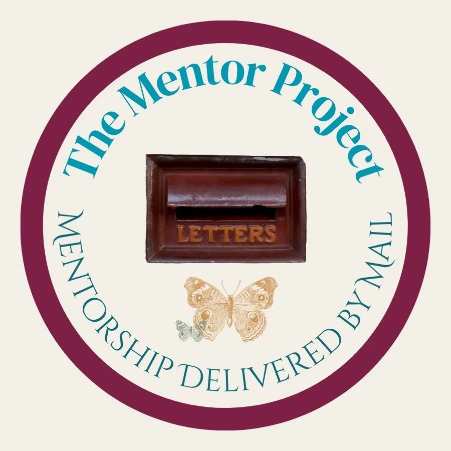 Logo for The Mentor Project with a mailbox labeled 'Letters' and two butterflies below.