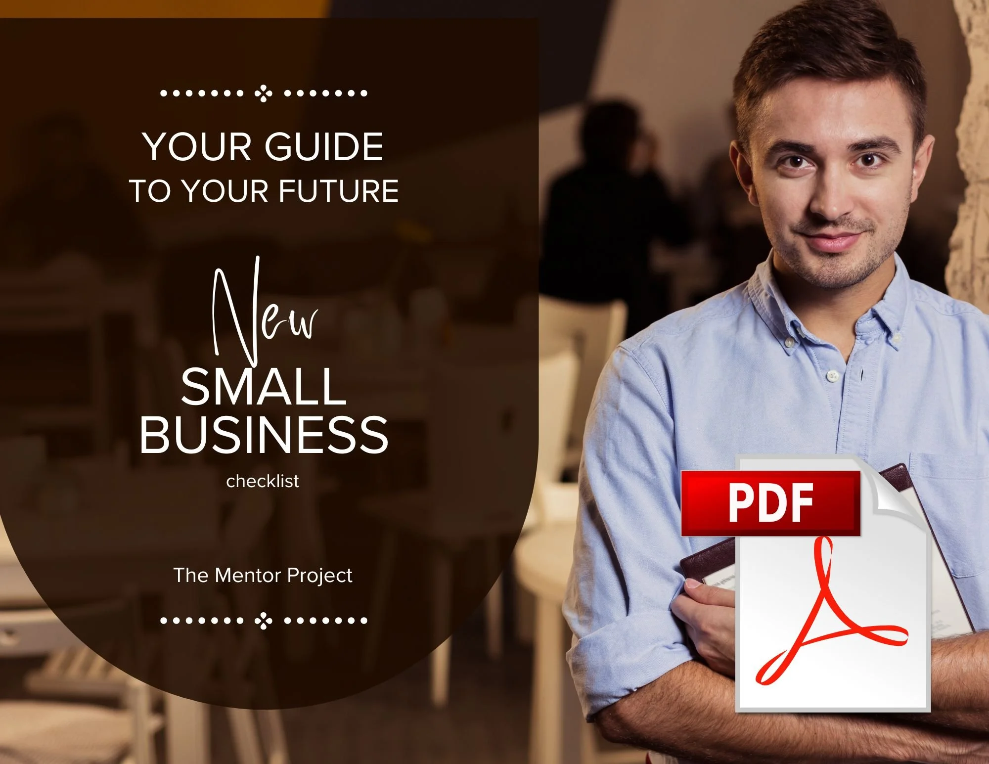 A young man in a light blue shirt holding a phone and a PDF document with a red Adobe Acrobat logo, standing in a coffee shop or restaurant with blurred background.