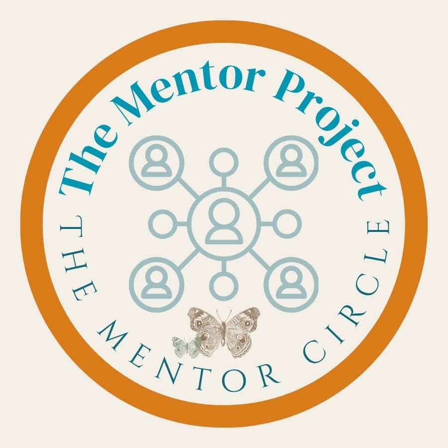 Logo for The Mentor Project with a circular design, featuring a network diagram in the center, butterflies at the bottom, and orange and blue text.