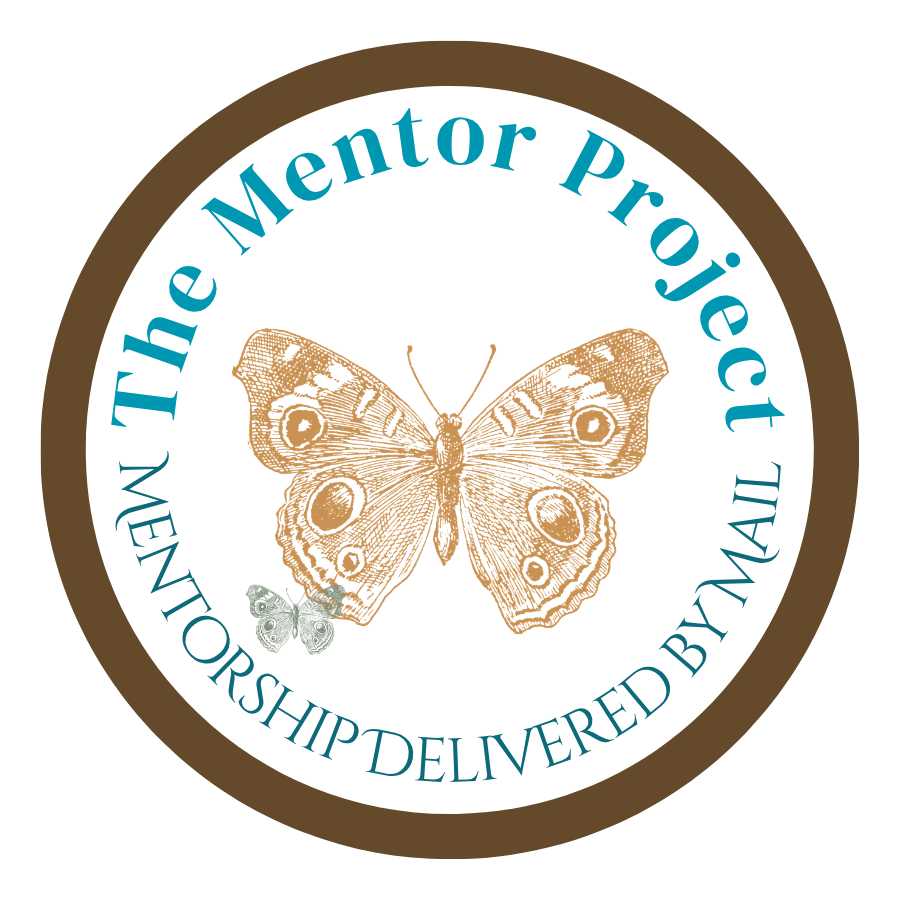 A circular logo with a brown border and black background, featuring two butterflies, one large brown and one small gray, with the words 'The Mentor Project' at the top and 'Mentorship Delivered By' at the bottom in blue text.