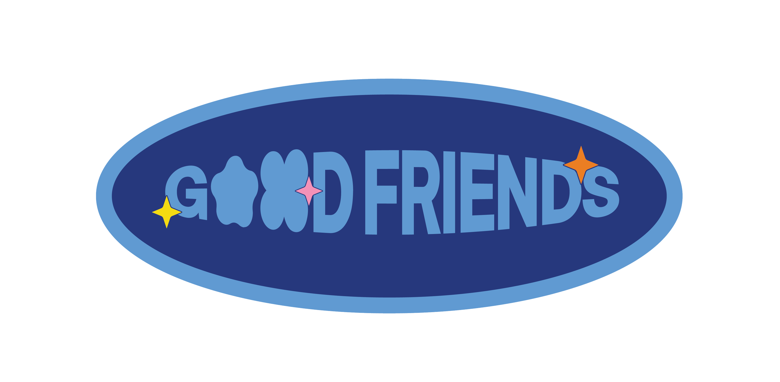 Oval logo with the words 'Good Friends' in blue, stylized letters, surrounded by yellow, pink, and orange star-like shapes.