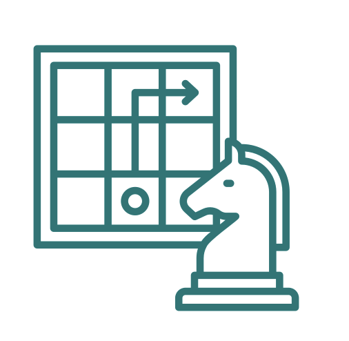 Chess knight piece in front of a tic-tac-toe board with an arrow pointing to the right.
