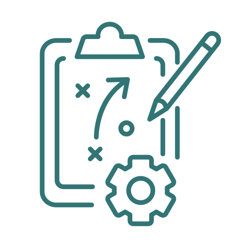 Icon of a clipboard with a tactical play diagram, a gear symbol, and a pen, representing strategy and planning.