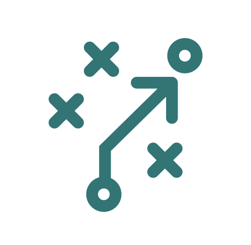 A diagram showing a strategic play with an arrow connecting starting point to a target, surrounded by X marks.