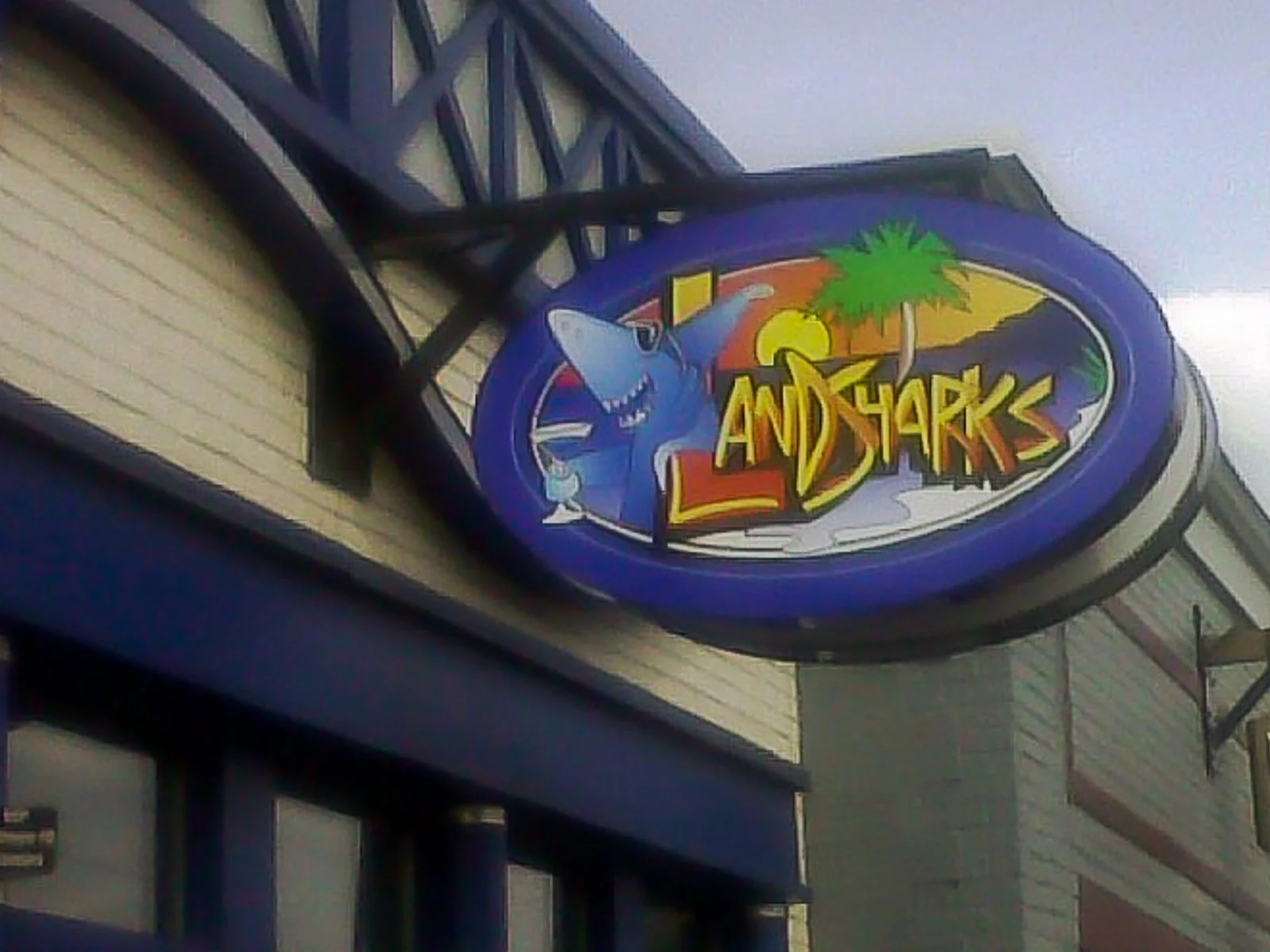 Colorful sign for Andy & Shark with a cartoon shark holding a cocktail, a palm tree, and sunset background