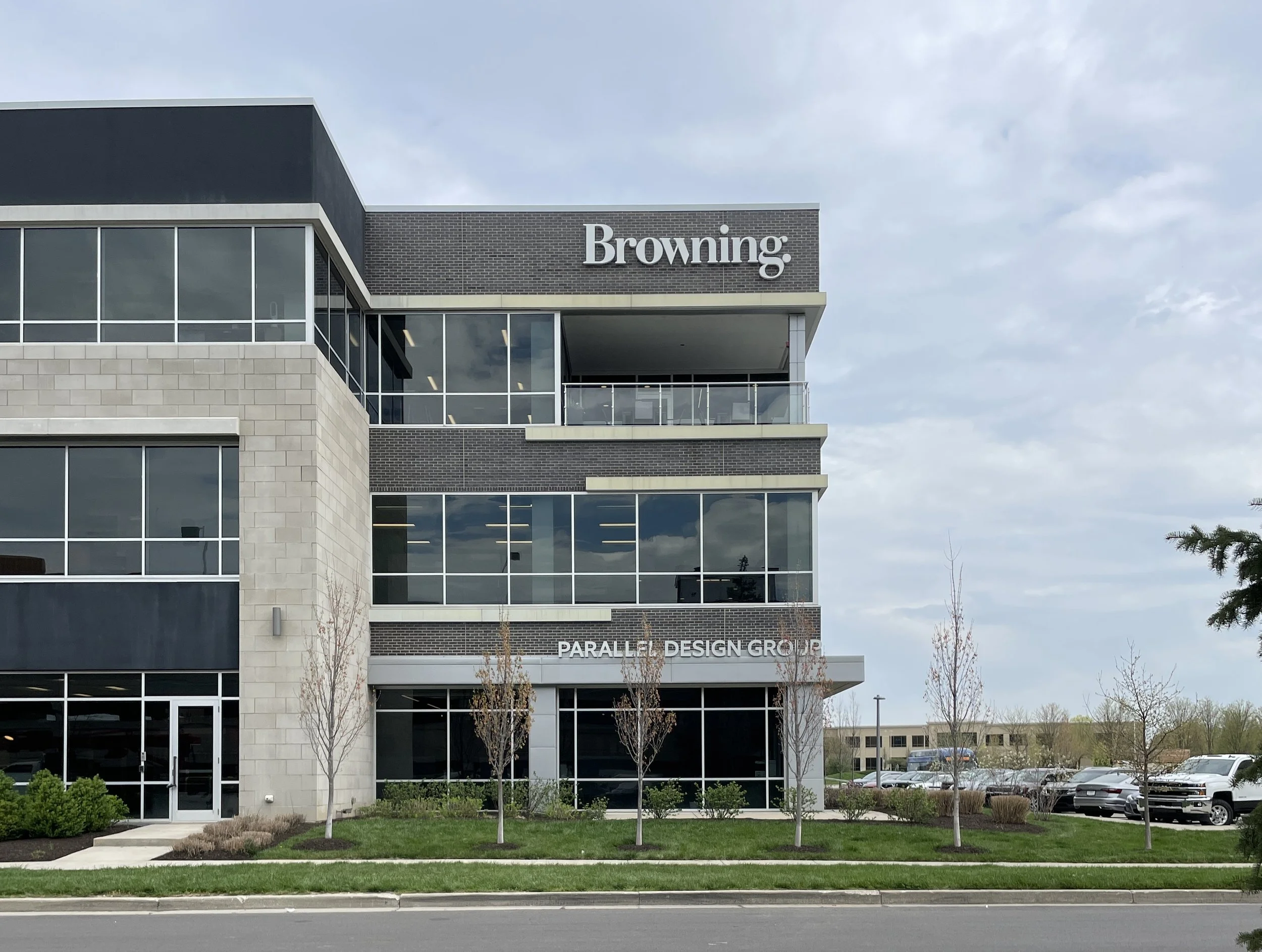 Modern office building with the name Browning and Parallel Design Group on the exterior.