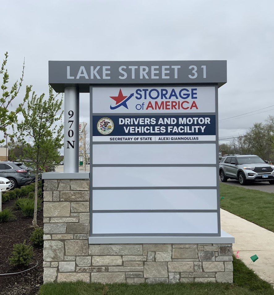 Sign for Storage of America with address Lake Street 31, and a Drivers and Motor Vehicles Facility, located at 970 N.