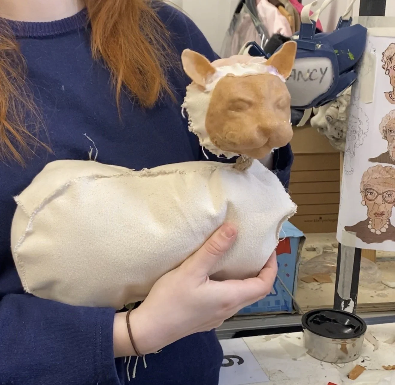Worbla'd the face and sewed the calico body like two bags connected by a rope for the neck.