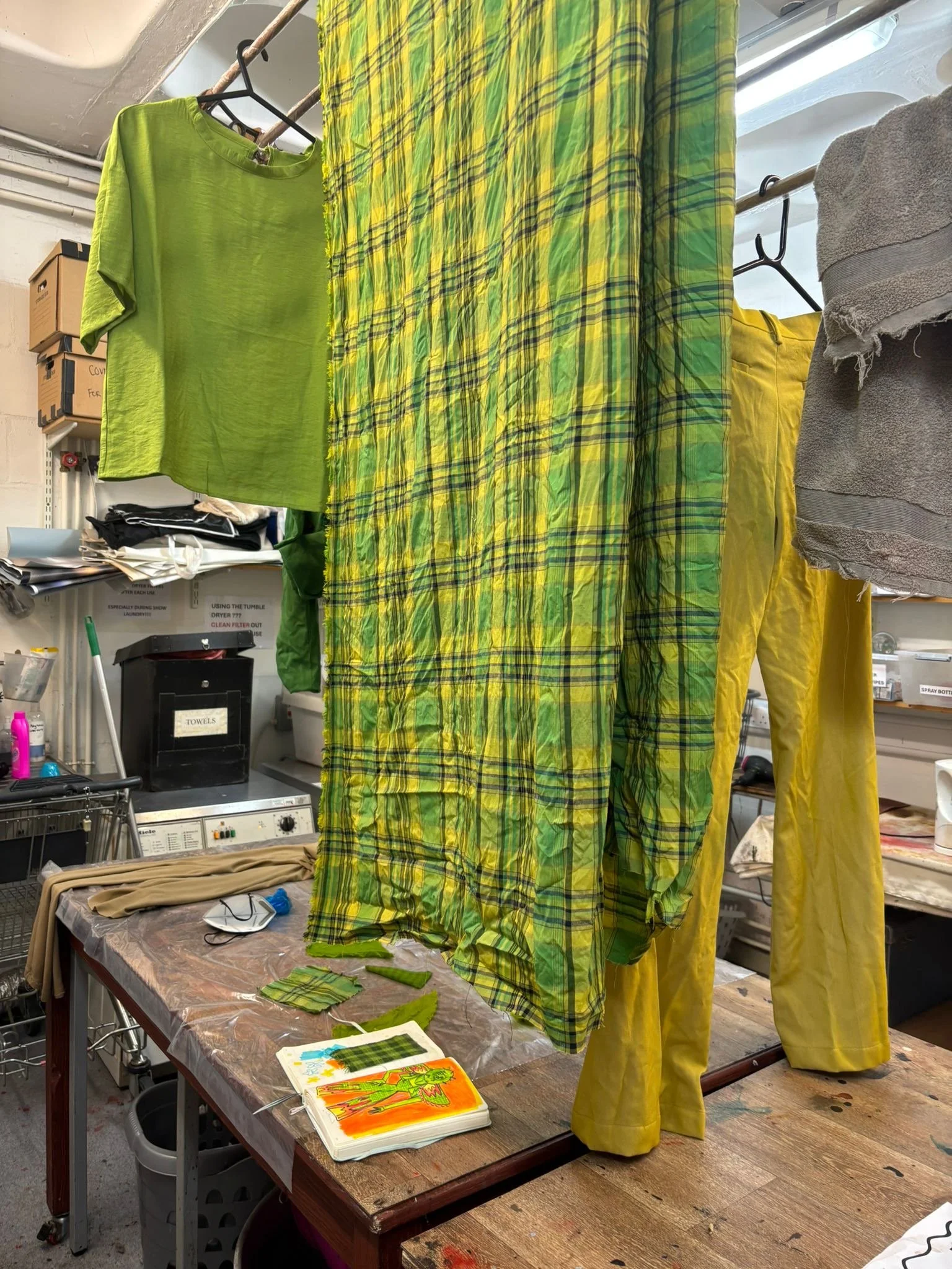 Dyed fabrics green.