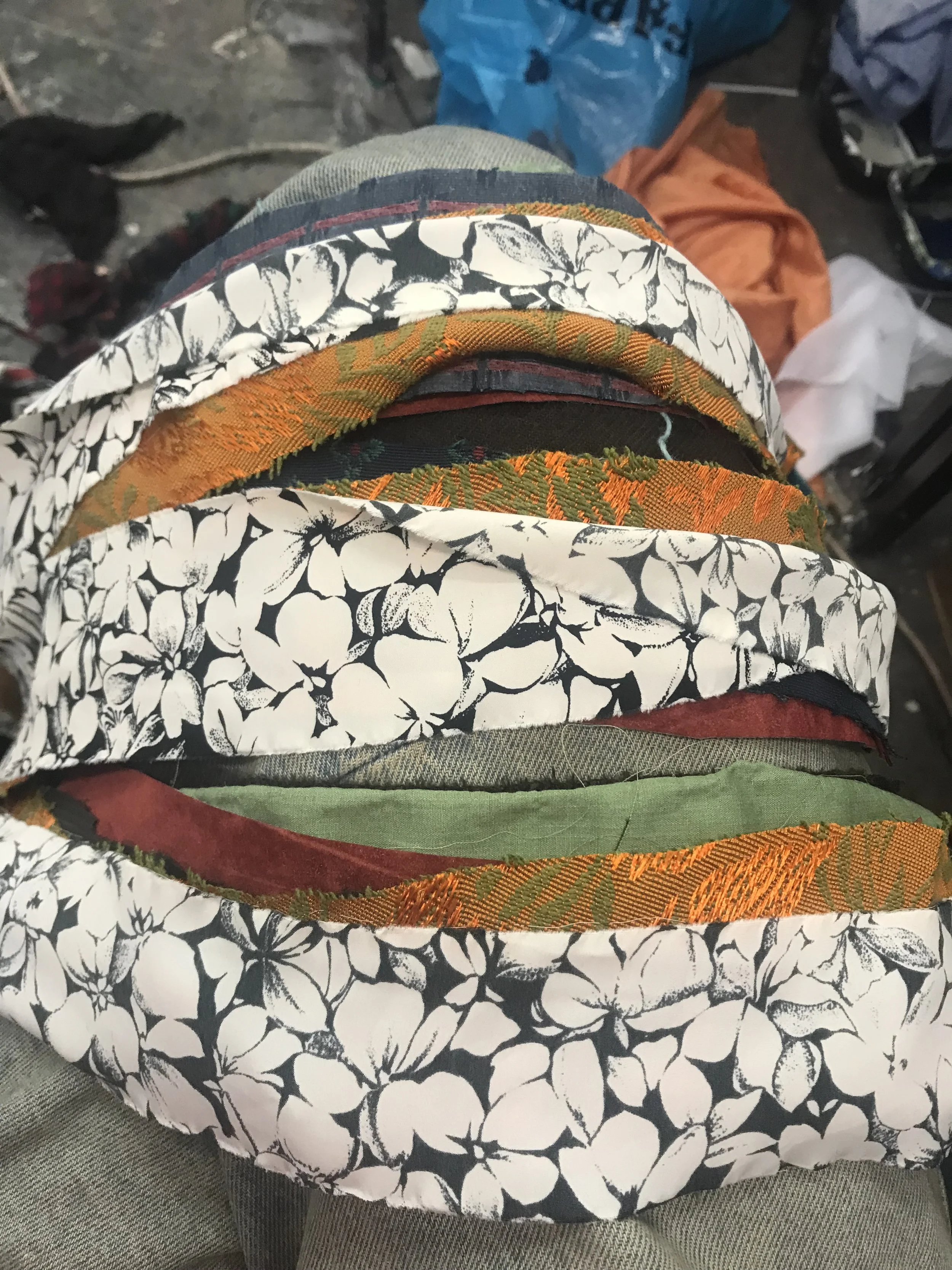 Plaited strips of fabric for the body. All the fabric was either scraps or clothes from the charity shop. 
