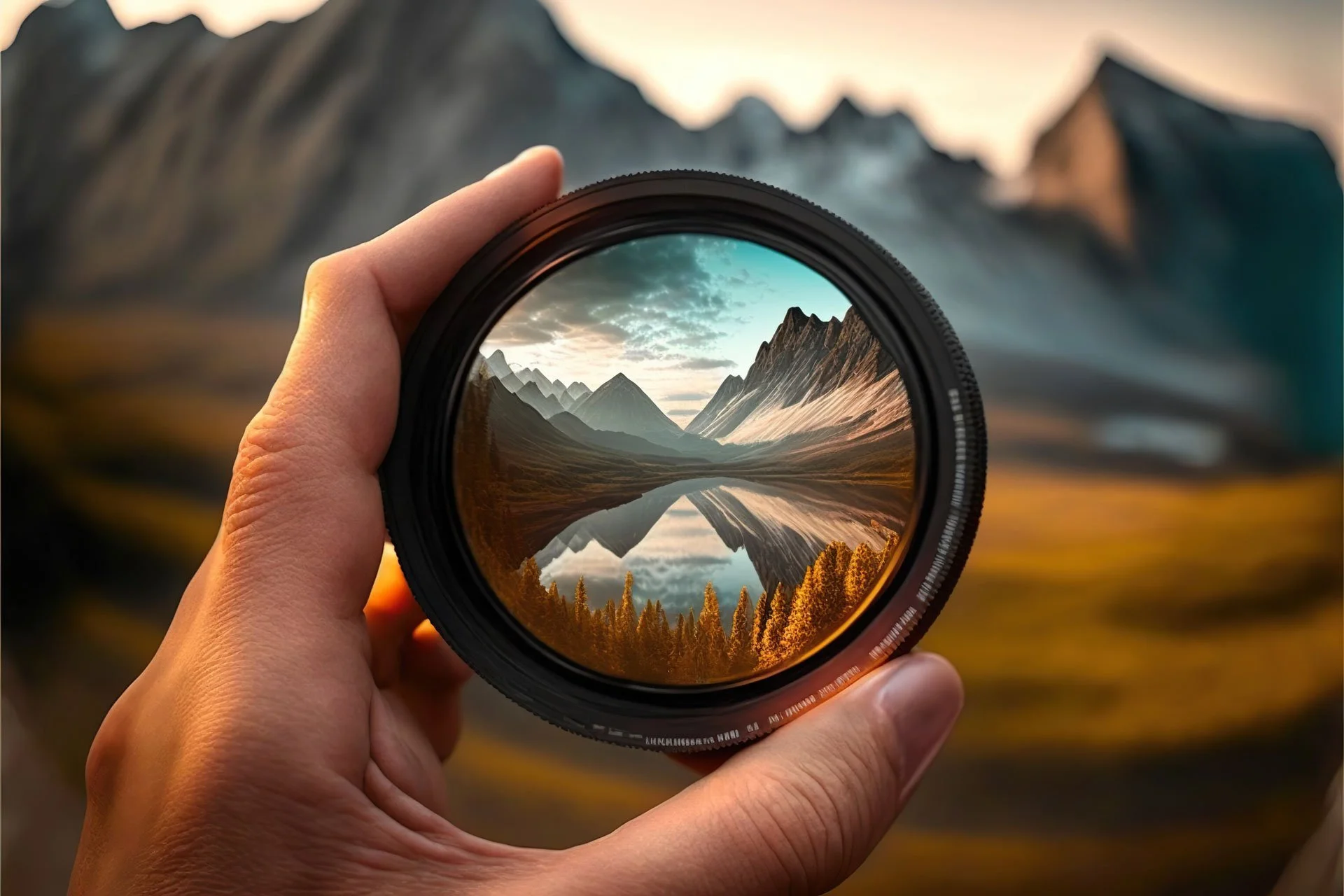 Hand holding a camera lens focusing on a landscape of mountains and a lake with mountains reflected in the water.