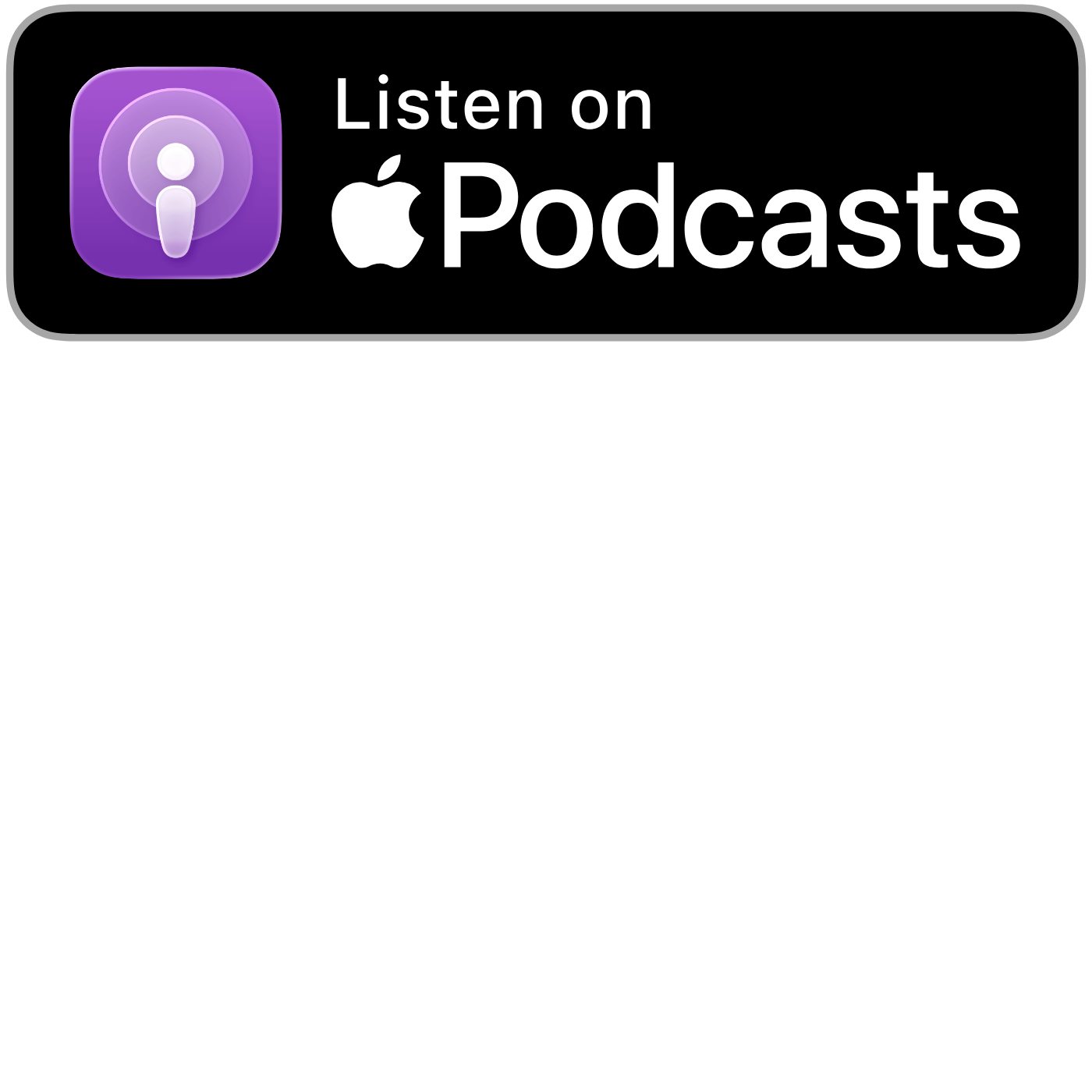 A digital graphic with a black background promoting listening to Apple Podcasts, featuring the Apple Podcasts logo, and the text 'Listen on Apple Podcasts'.
