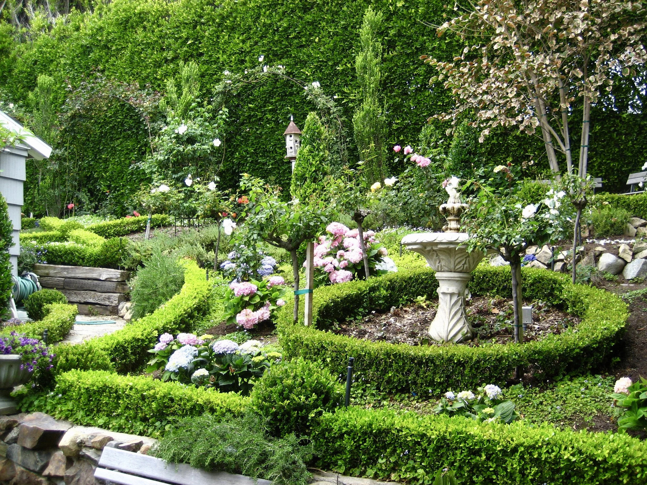 A lush garden with hedges, flowering plants, trees, and a stone birdbath.