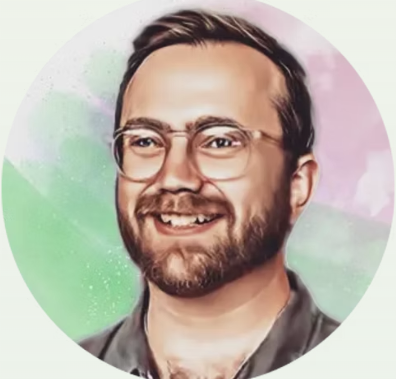 Digital illustration of a smiling man with glasses, a beard, and moustache, wearing a dark shirt, in front of a background of soft green, pink, and lavender colours with a circular frame.