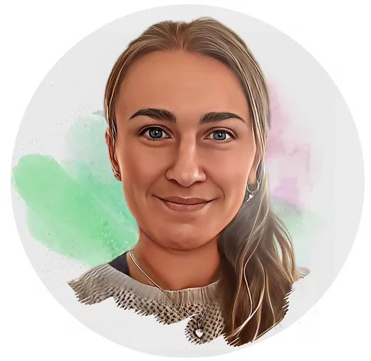 Digital illustration of a of a young woman with light brown hair, blue eyes, and a gentle smile, wearing a knit sweater and small earrings, against a soft watercolour background.