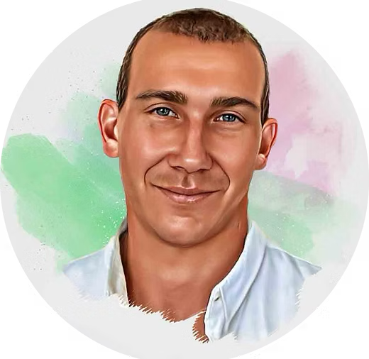 Digital illustration of a portrait of a smiling young man with short hair, wearing a light-coloured shirt, with a soft artistic watercolour background.