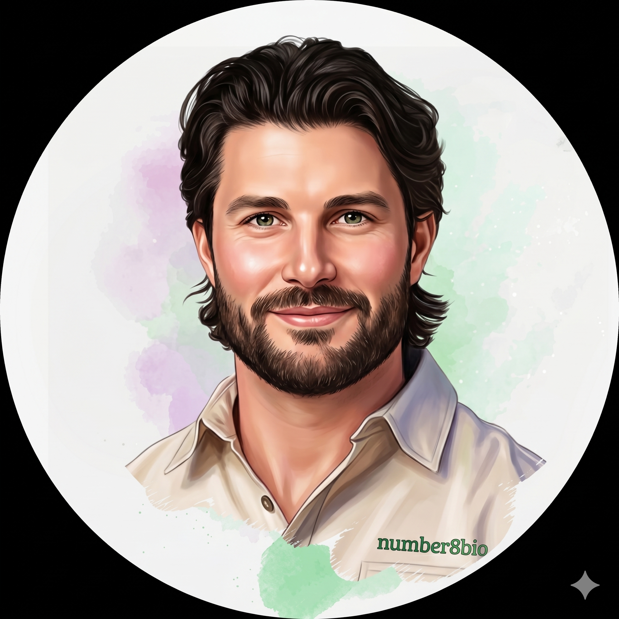 A digital illustration of a man with medium-length dark brown hair and a beard, wearing a beige collared shirt with top button open, smiling. Background has a light watercolour splash of purple and green with the text 'number8bio' partially visible.