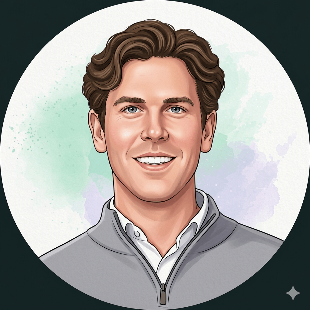 Digital illustration of a young man with brown wavy hair, blue eyes, and a bright smile, wearing a grey zip-up jacket over a white collared shirt. Background features pastel watercolour splashes.