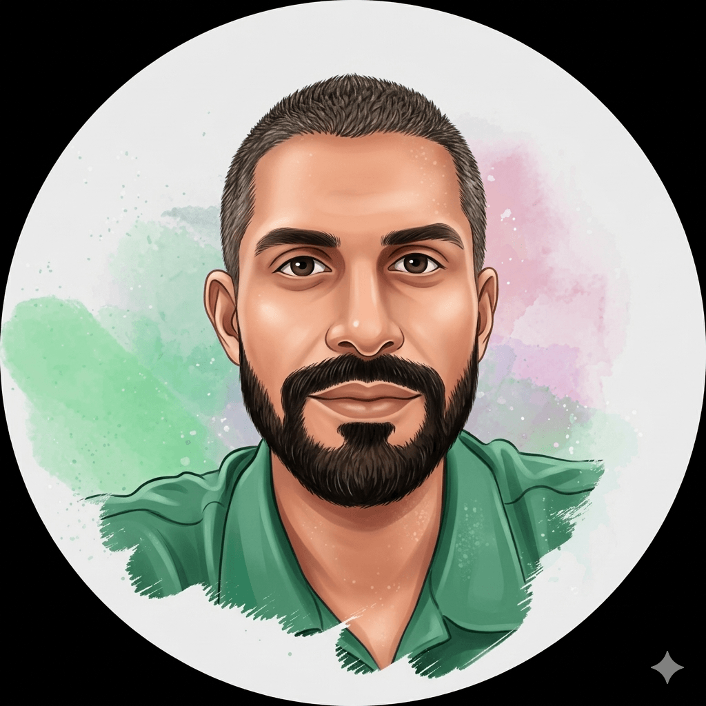 Digital illustration of a man with short dark hair, a full beard, and a moustache, wearing a green shirt, with a watercolour background of pastel pink, purple, and green colours.