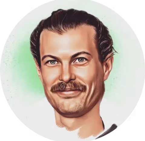 Digital illustration of a portrait of a man with dark hair, a moustache, and a goatee, smiling.