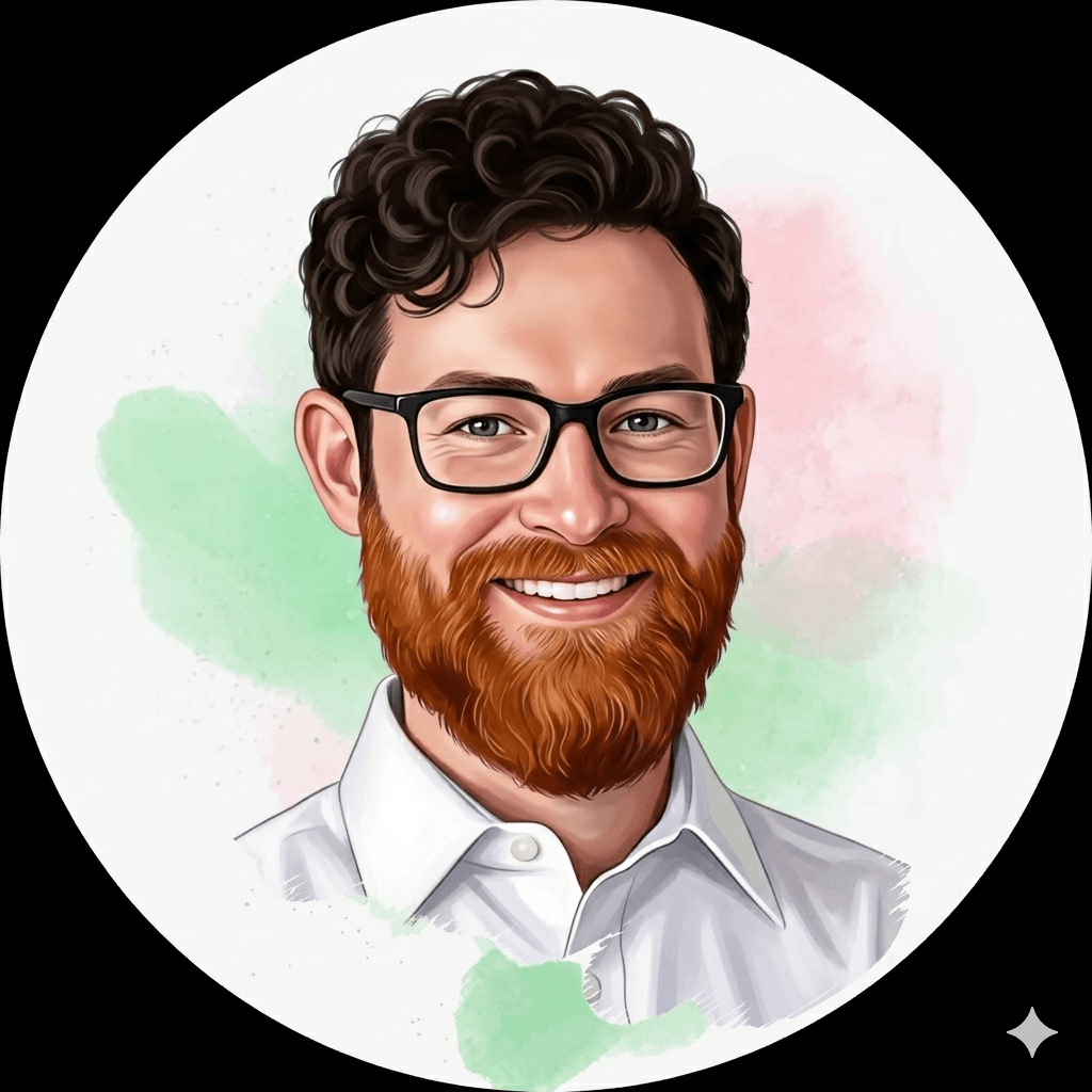 Digital illustration of a smiling man with glasses, curly dark hair, a thick red beard, wearing a white-collared shirt, against a background with soft green and pink watercolour splashes.